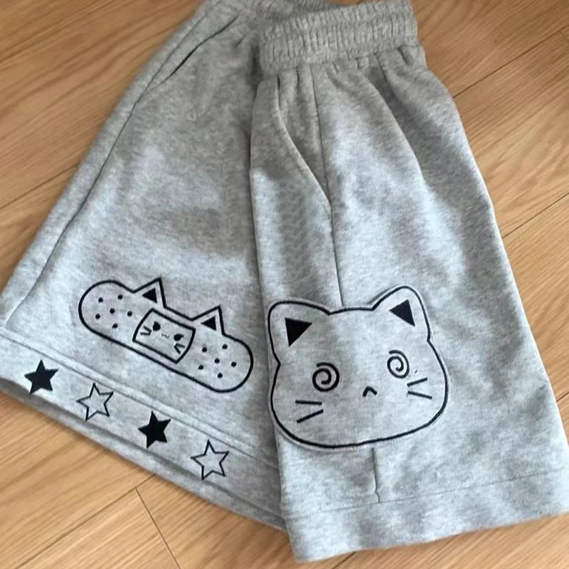 Kawaii Cat Appliqué Wide-Leg Shorts