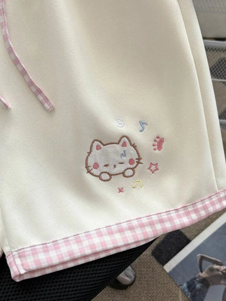 Kawaii Women's High-Waist Cartoon Embroidered Shorts - Apricot