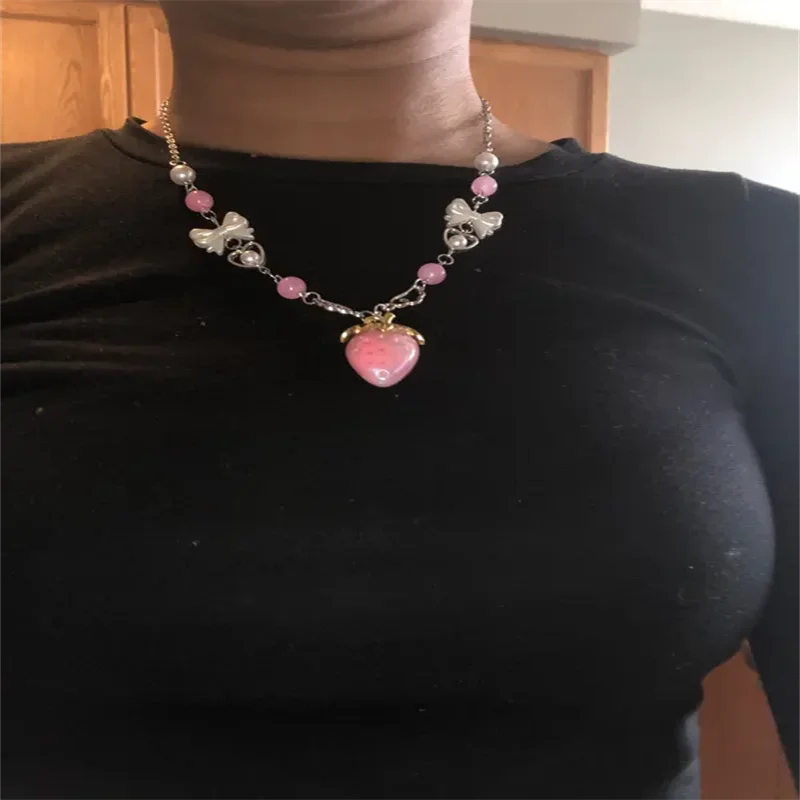 Kawaii Pink Strawberry Pendant Necklace with Bow and Heart Details