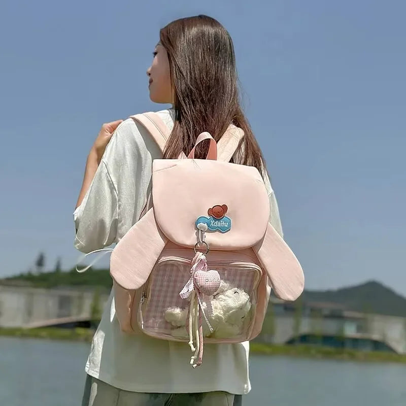 Kawaii Rabbit-Ear Ita Backpack with Transparent Front Pocket