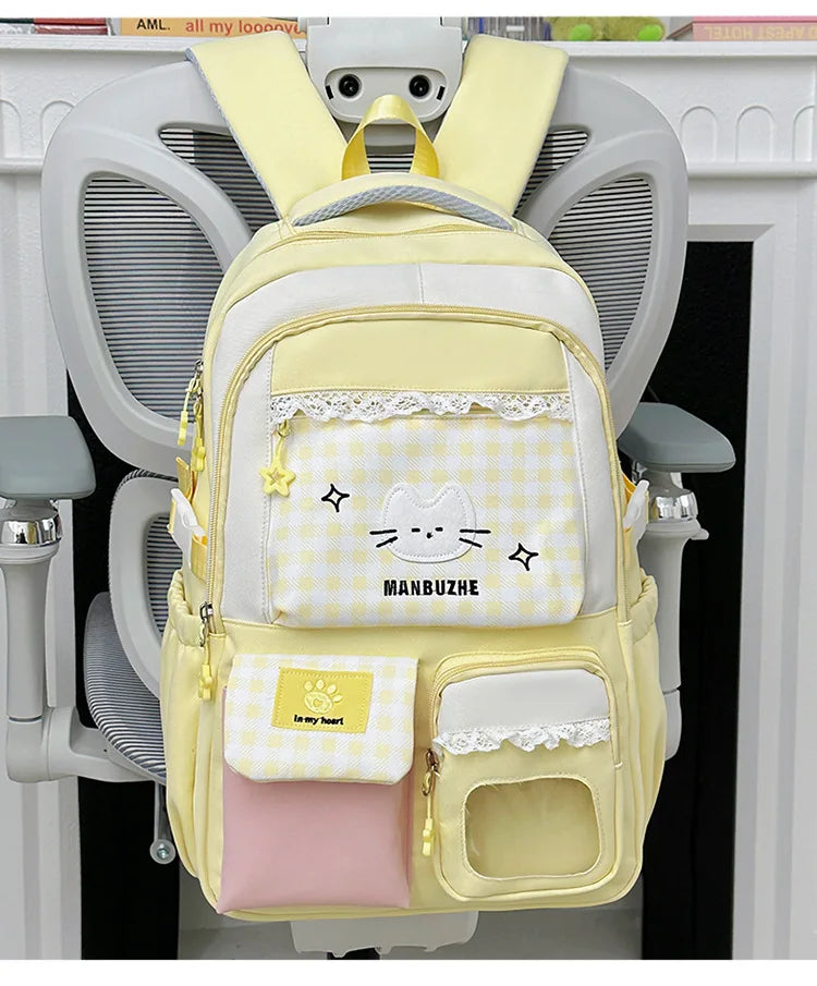 Kawaii Gingham Cat Backpack with Multiple Pockets