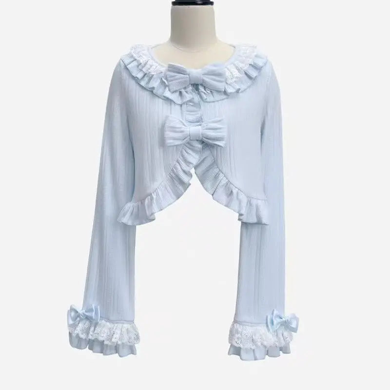 Kawaii Women’s Ruffled Bow Knit Cropped Cardigan
