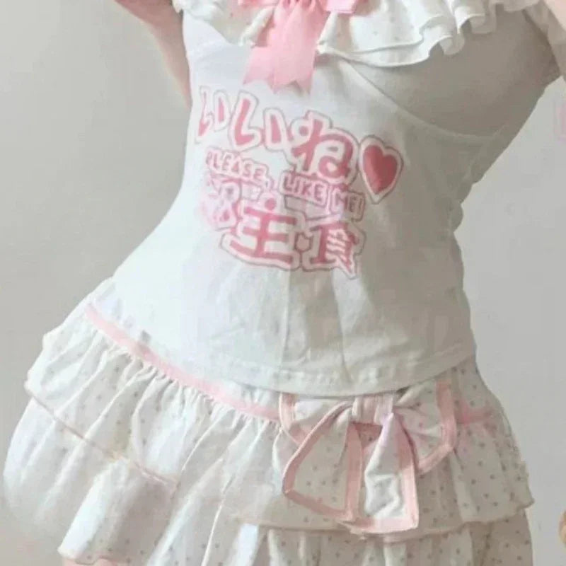Kawaii Polka Dot Ruffle Mini Skirt with Bow