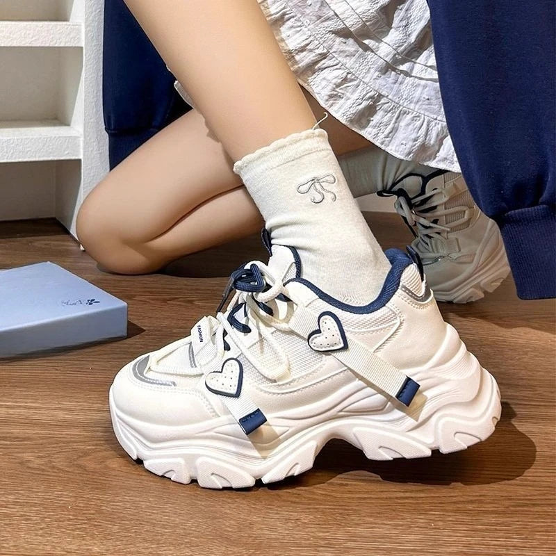 Kawaii Women's Heart Detail Lace-Up Chunky Sneakers