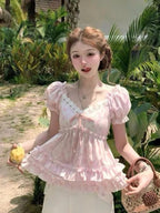 Kawaii Pink Floral Puff-Sleeve Ruffle Top