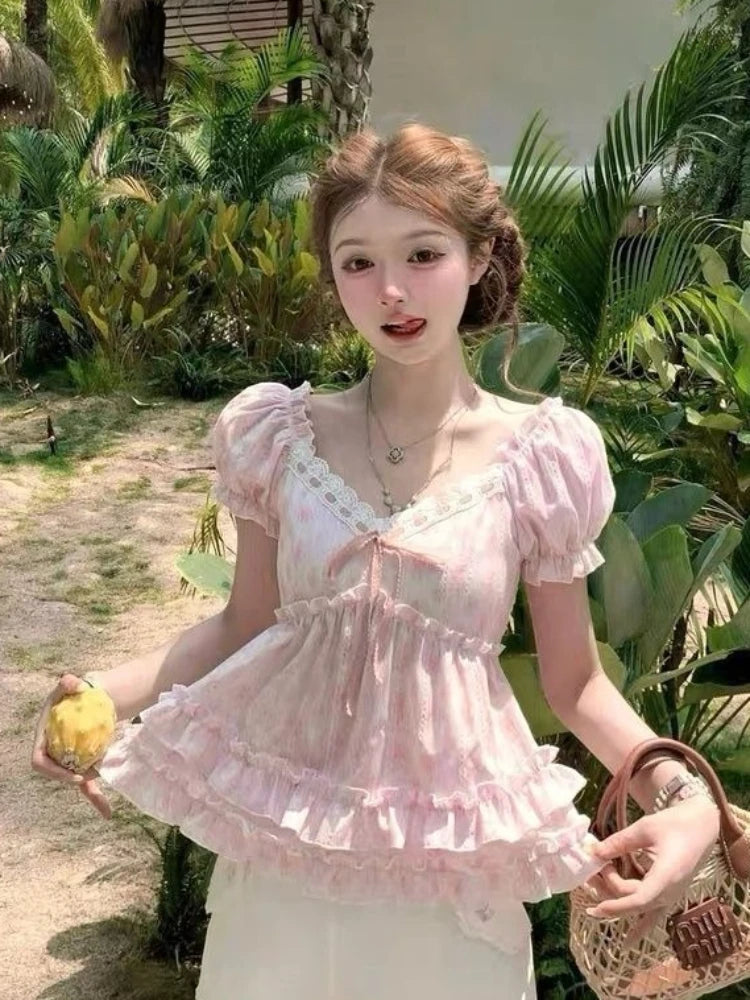 Kawaii Pink Floral Puff-Sleeve Ruffle Top