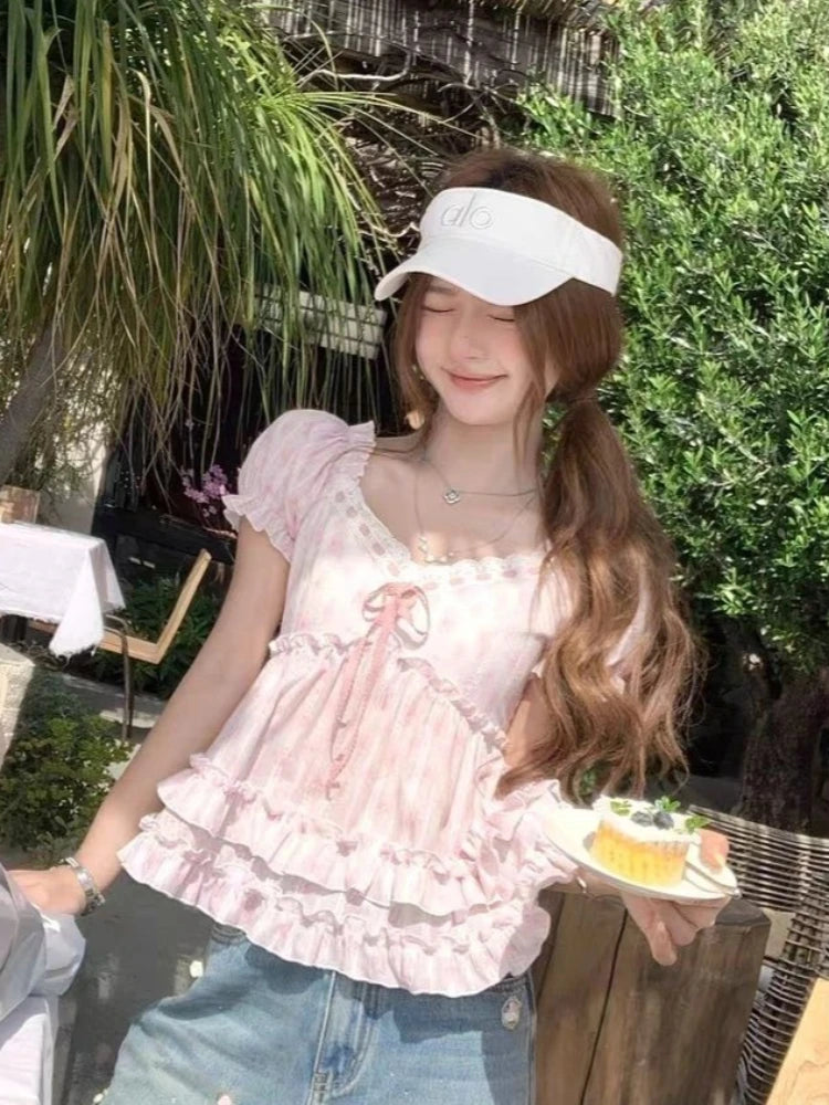 Kawaii Pink Floral Puff-Sleeve Ruffle Top