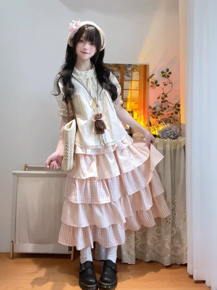 Kawaii Women's Pink Plaid Ruffle Skirt and Short-Sleeve Top Set