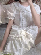 Milk White Kawaii Lolita Pleated Ruffle Skirt with Bow