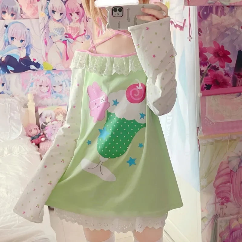 Kawaii Green Cartoon Graphic Long-Sleeve Top