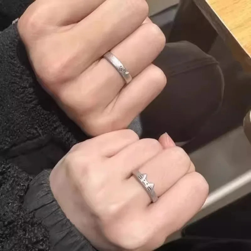 Kawaii Adjustable Silver Cat and Dog Couple Rings