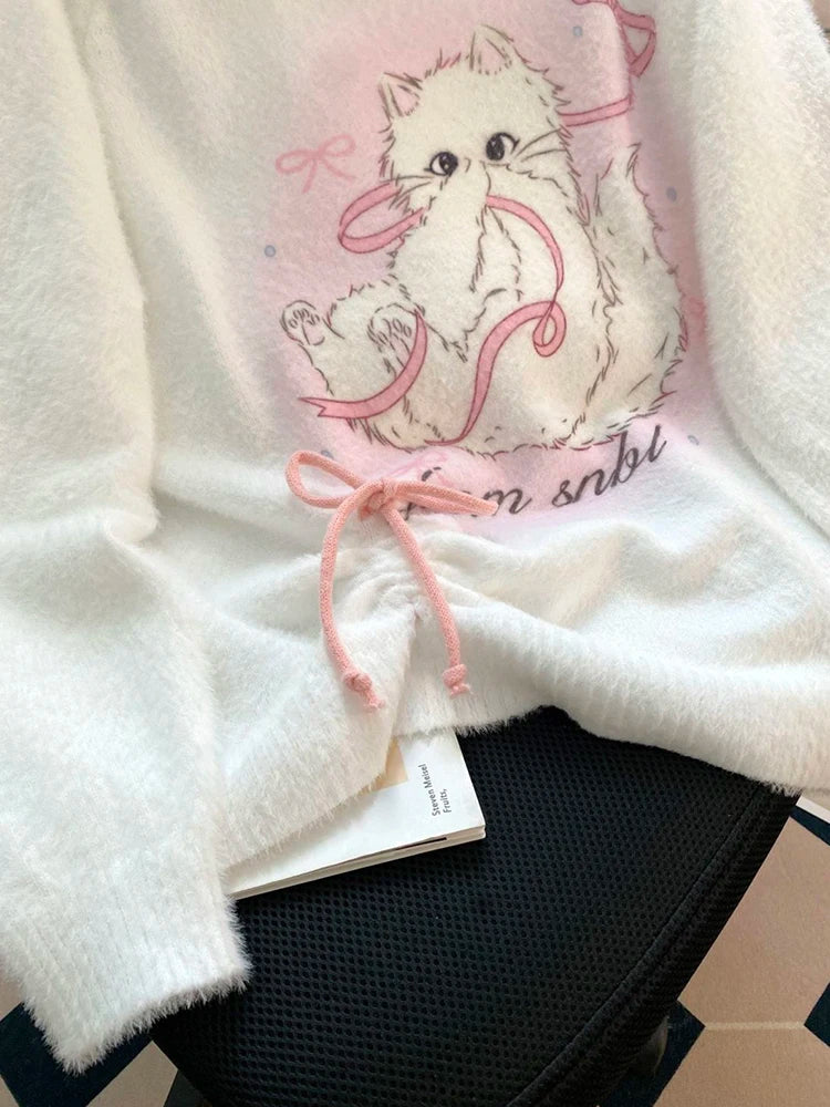 Kawaii Beige White Cat Graphic Knit Pullover Sweater