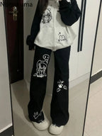 Kawaii Women's Black Cartoon Print Straight-Leg Pants