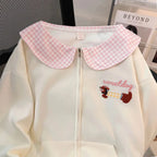 Kawaii Women's Cream Plaid Peter Pan Collar Dog Embroidery Zip-Up Sweatshirt