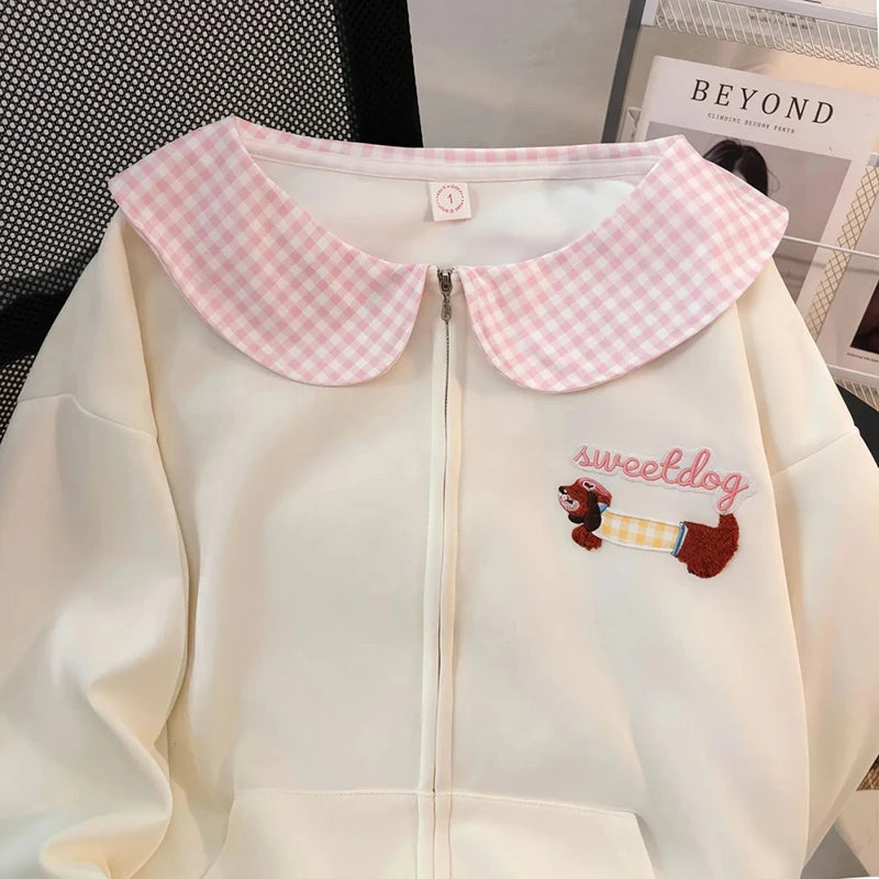 Kawaii Women's Cream Plaid Peter Pan Collar Dog Embroidery Zip-Up Sweatshirt