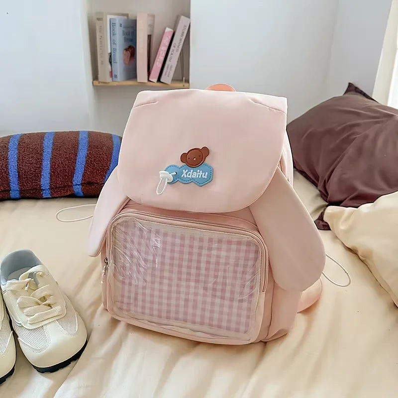 Kawaii Rabbit-Ear Ita Backpack with Transparent Front Pocket