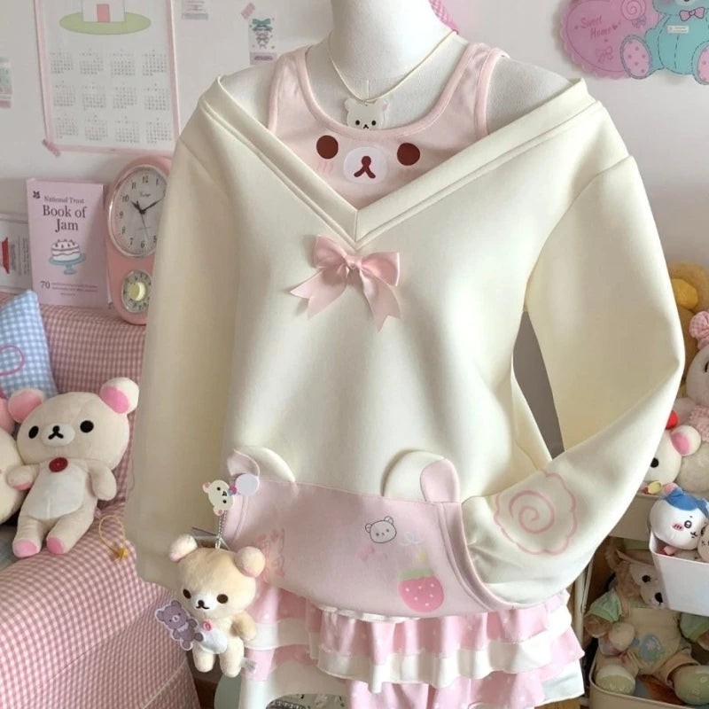 Women's Kawaii Bear Bow Long-Sleeve T-Shirt