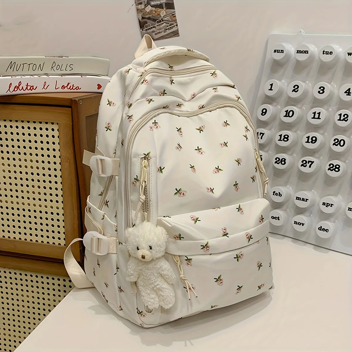 Kawaii Floral Nylon Backpack with Multiple Pockets, 43 × 30 × 18 cm