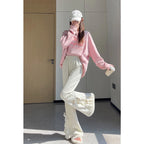 Kawaii Corduroy Flare Pants with Bow and Lace Trim