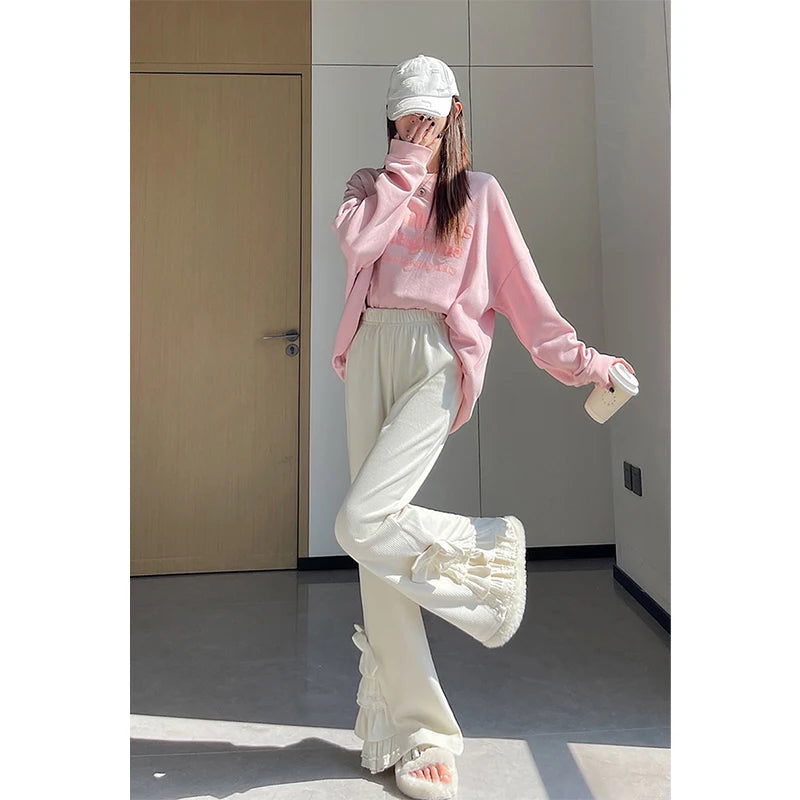 Kawaii Corduroy Flare Pants with Bow and Lace Trim