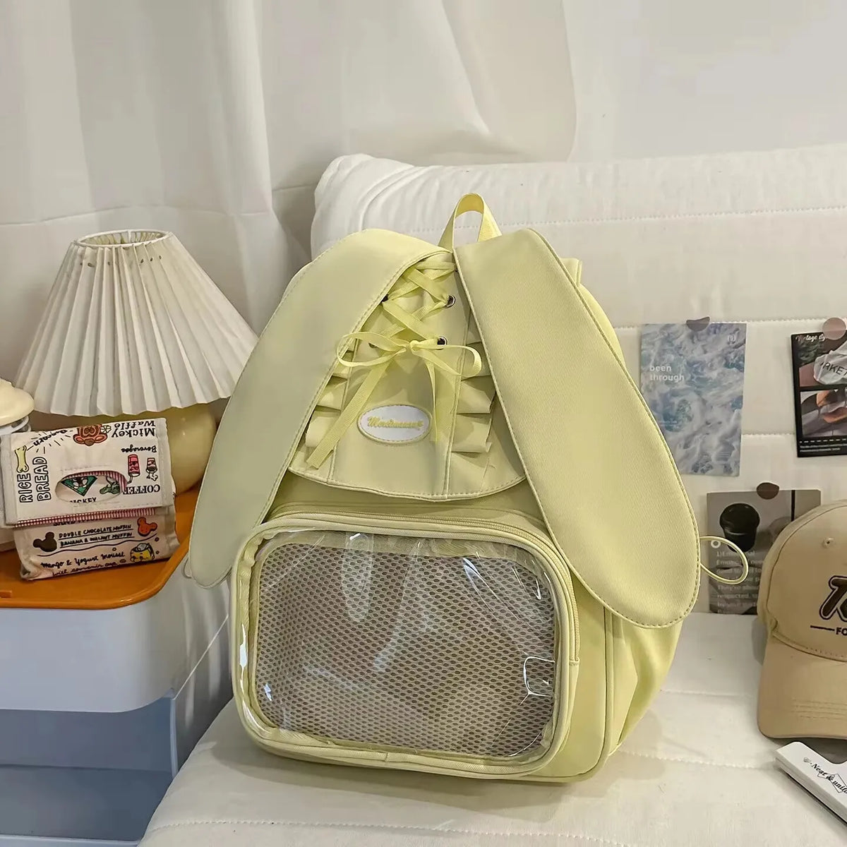 Kawaii Rabbit-Ear Ita Backpack with Transparent Front Pocket