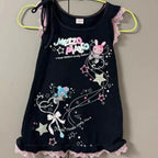 Kawaii Black Sleeveless Cartoon Print Dress with Lace Trim