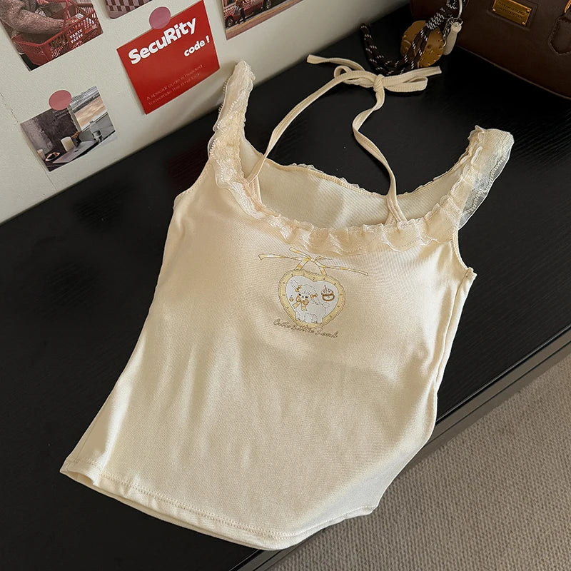 Kawaii Cartoon Lace Trim Camisole Top