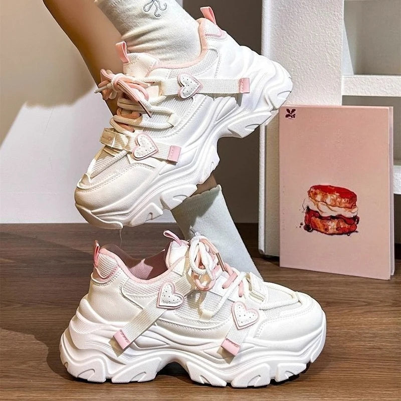 Kawaii Women's Heart Detail Lace-Up Chunky Sneakers