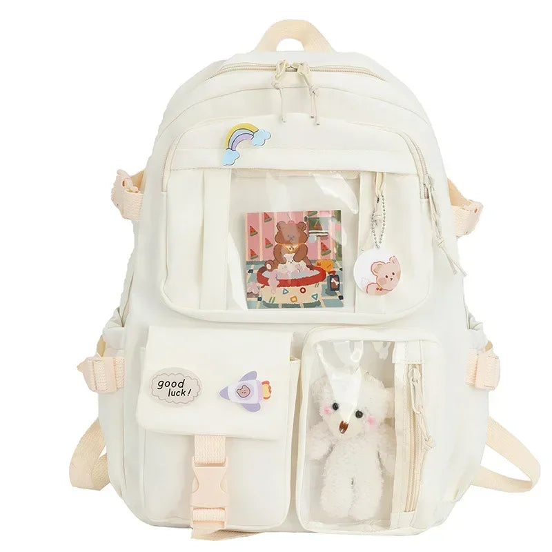 Kawaii Multi-Pocket Nylon Backpack with Clear Display Pockets