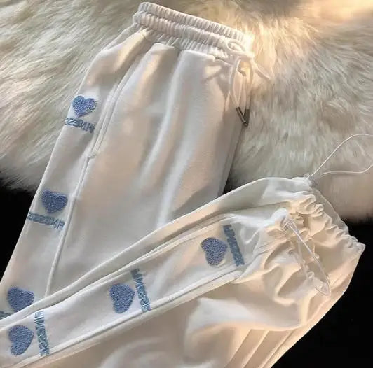 Kawaii Heart Embroidered Wide-Leg Pants