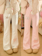 Kawaii Polka Dot Flared Pants with Embroidery