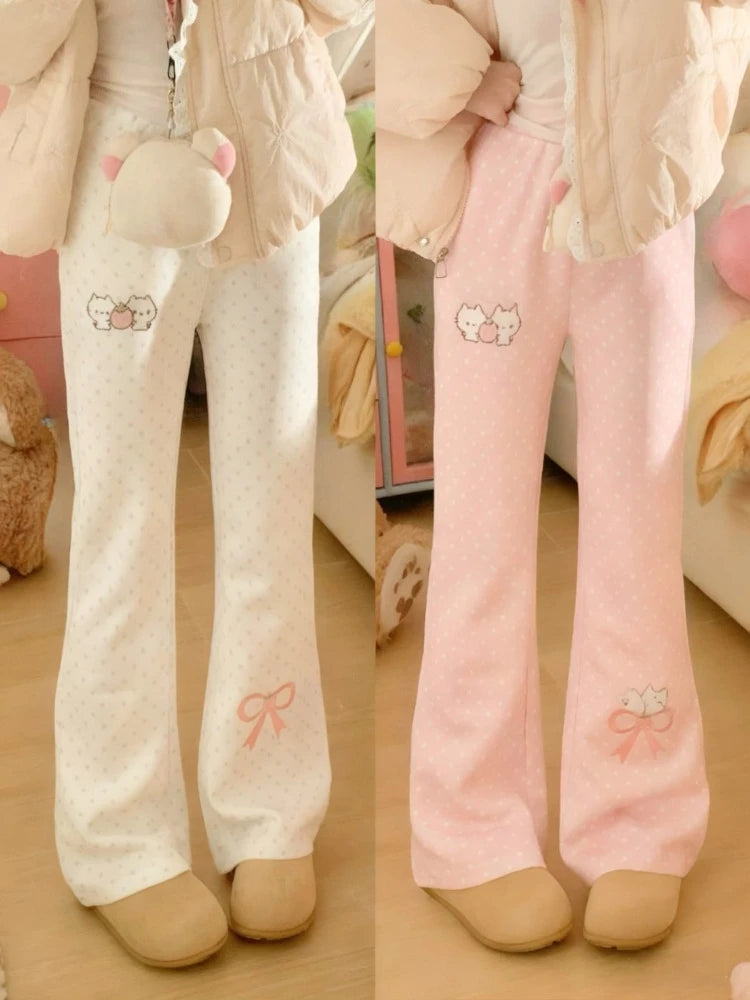 Kawaii Polka Dot Flared Pants with Embroidery