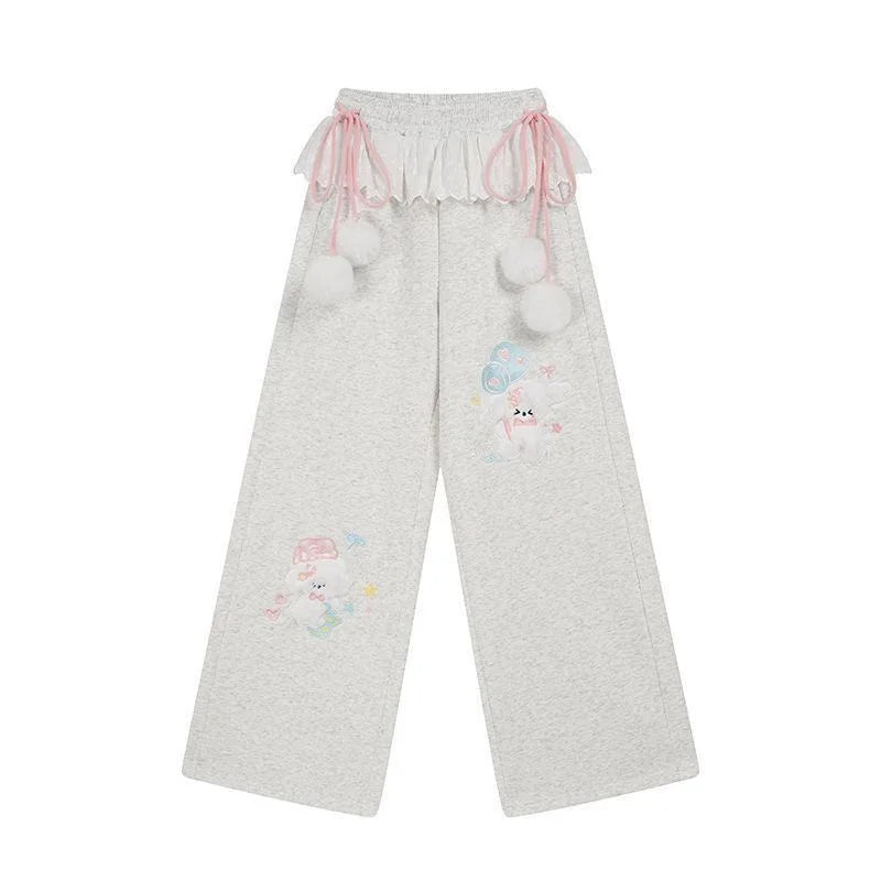 Women's Kawaii Cartoon Embroidered Wide-Leg Pants