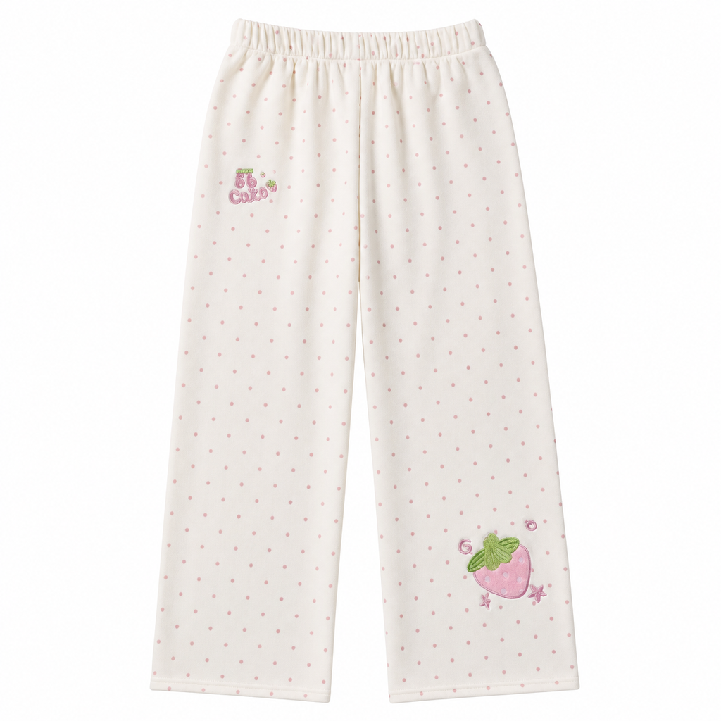 Strawberry Embroidered Wide-Leg Pants with Elastic Waist