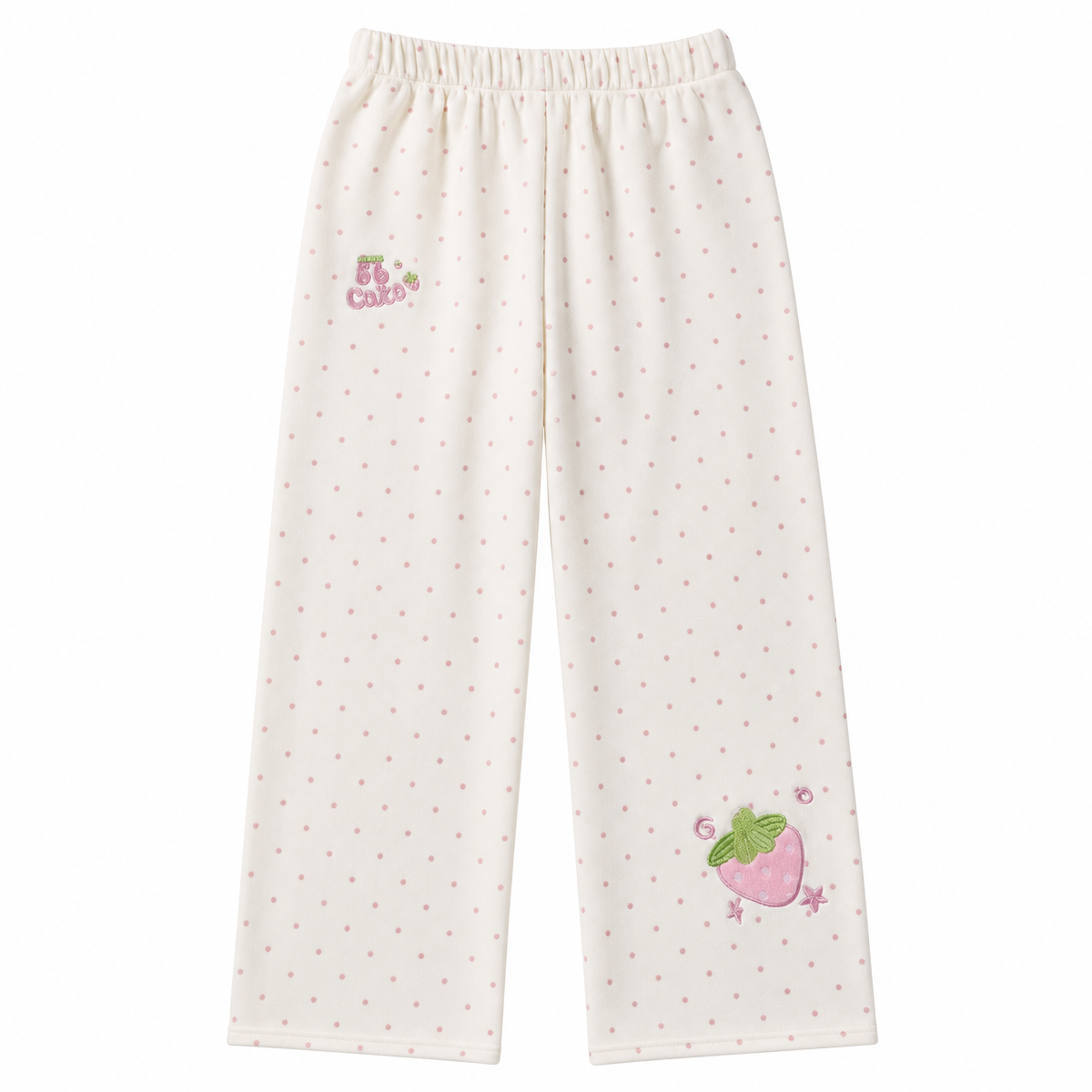 Strawberry Embroidered Wide-Leg Pants with Elastic Waist