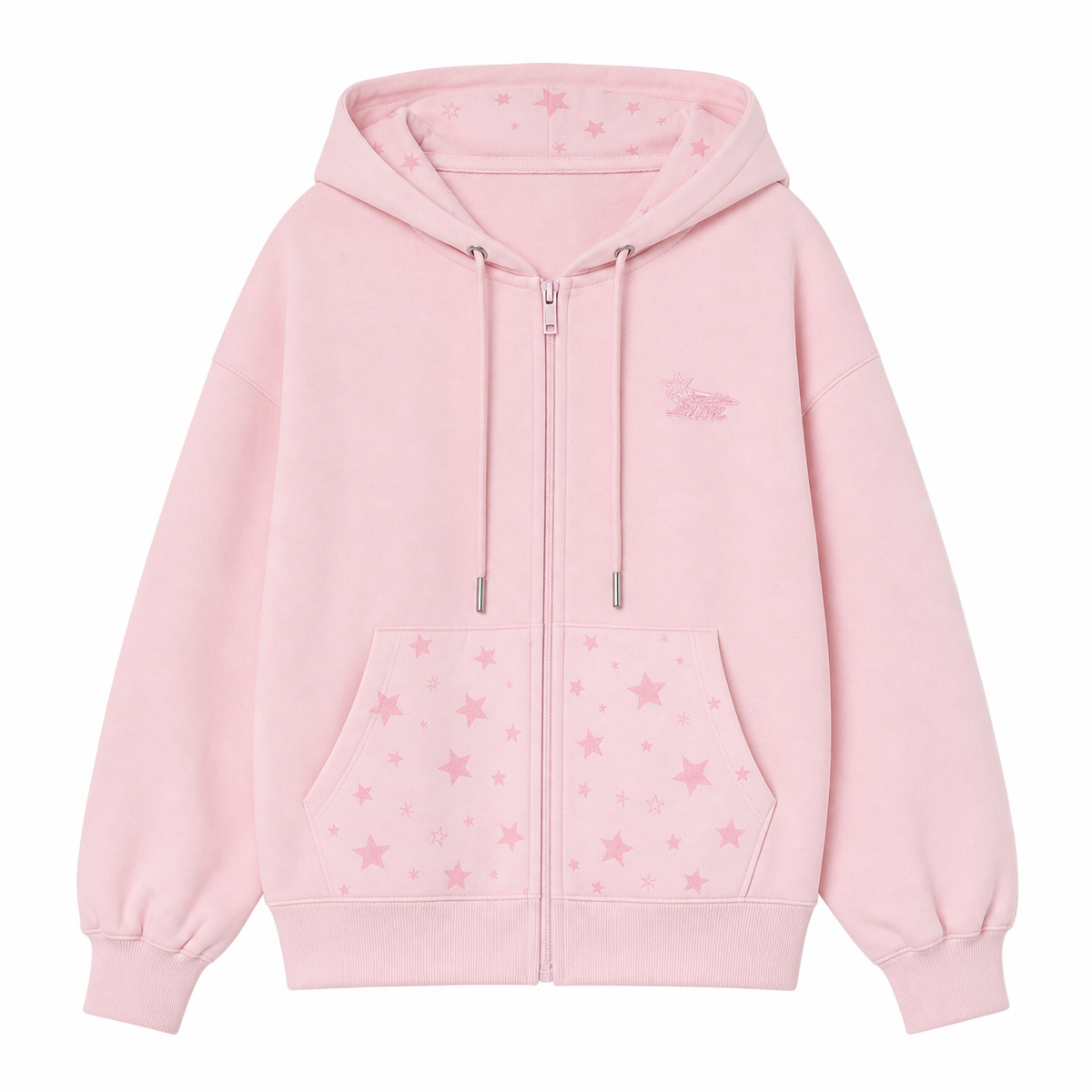 Pink Star Print Zip-Up Hoodie