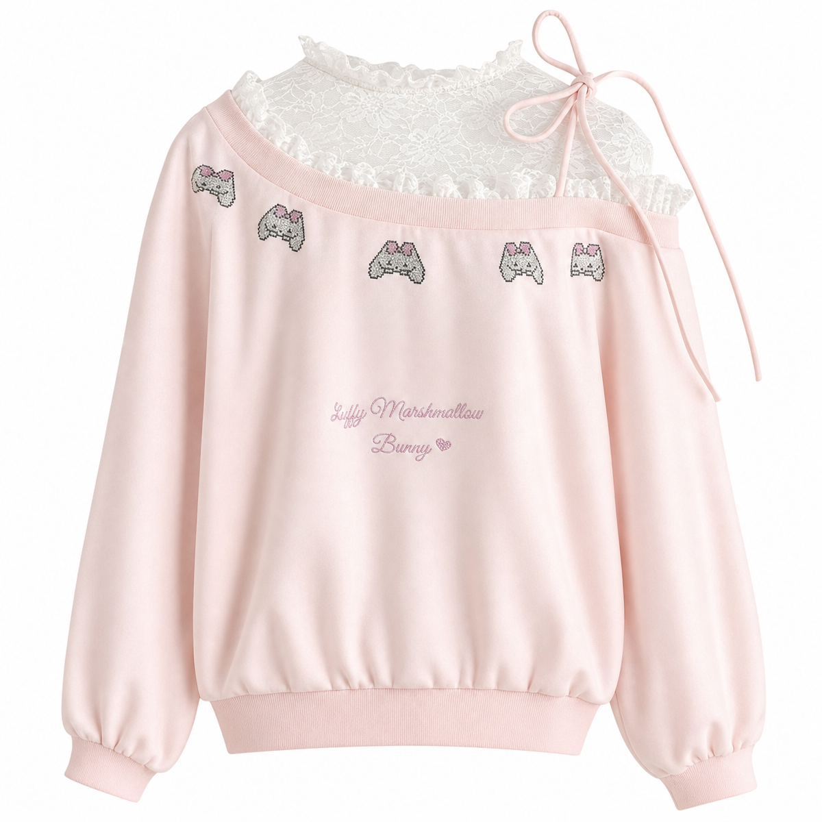 Pink Lace-Trimmed Bow Print Pullover Sweatshirt