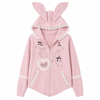 Pink Lace-Trim Rabbit-Ear Hooded Zip Hoodie