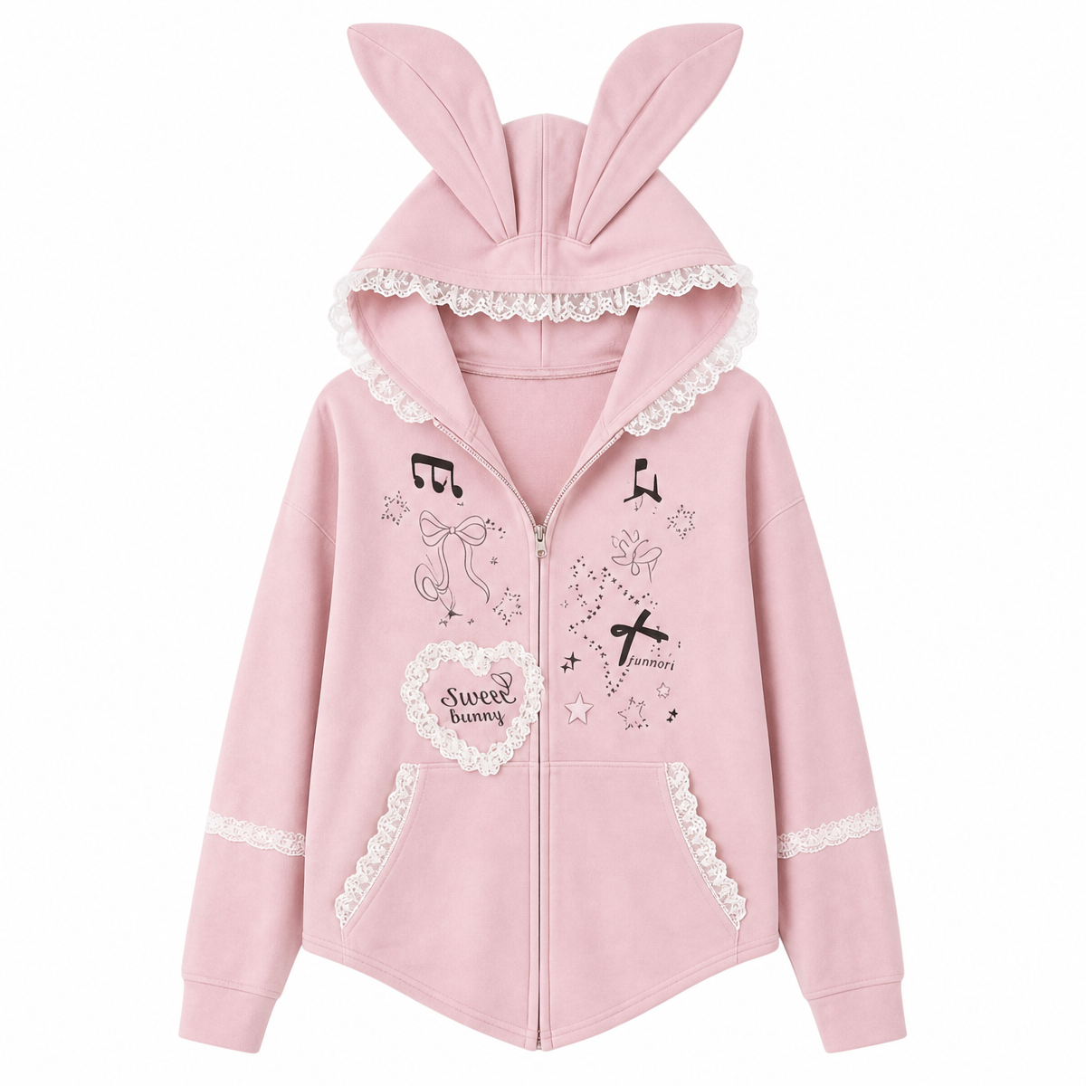 Pink Lace-Trim Rabbit-Ear Hooded Zip Hoodie