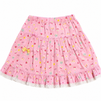 Pink Fruit-and-Character Print Tiered Mini Skirt with Lace Trim