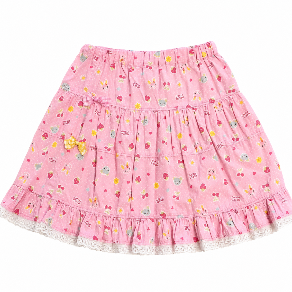 Pink Fruit-and-Character Print Tiered Mini Skirt with Lace Trim