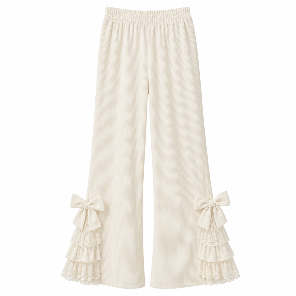 Corduroy Flare Pants with Bow and Lace Trim