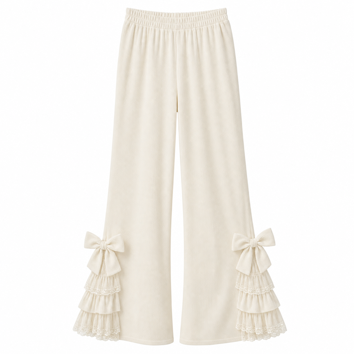 Corduroy Flare Pants with Bow and Lace Trim