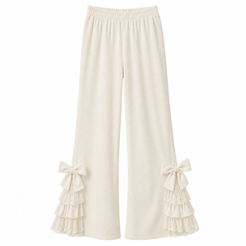 Corduroy Flare Pants with Bow and Lace Trim