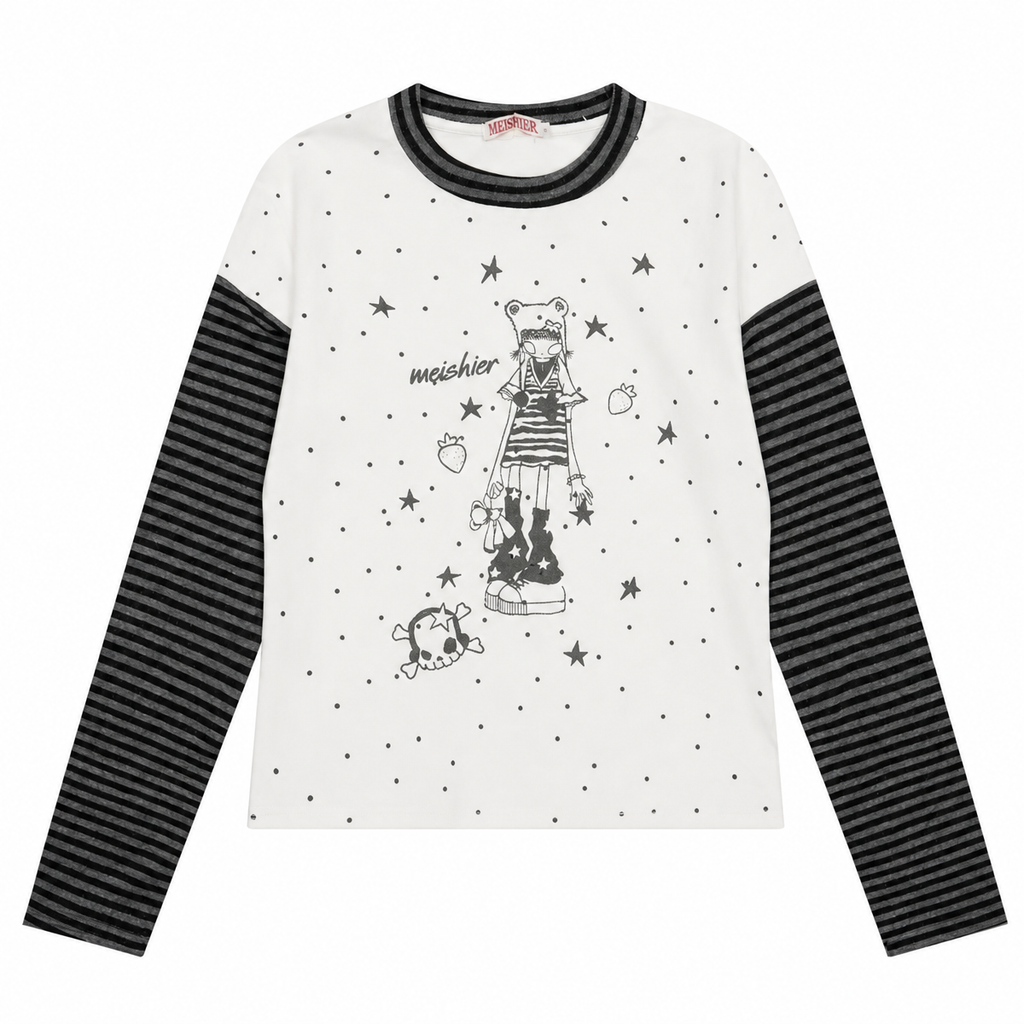 Women's Cartoon Star Graphic Long-Sleeve T-Shirt with Striped Sleeves