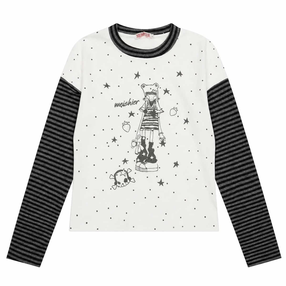 Women's Cartoon Star Graphic Long-Sleeve T-Shirt with Striped Sleeves