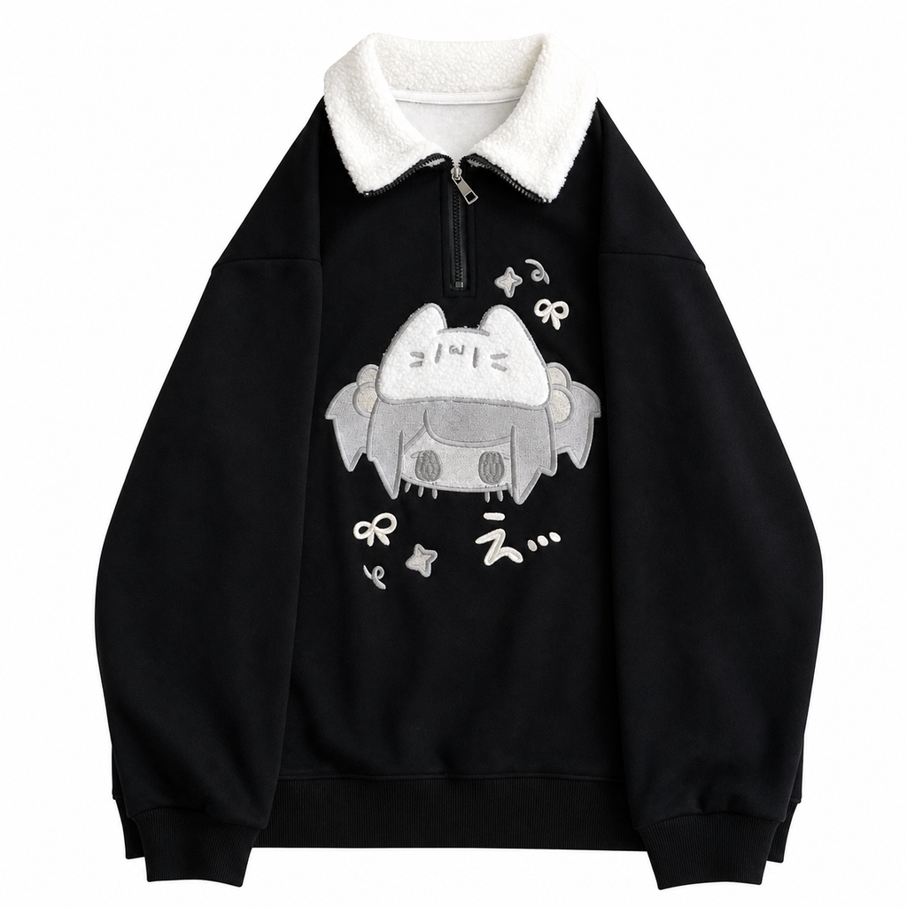 Women's Black Cartoon Cat Collar Pullover Sweatshirt