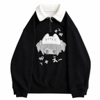 Women's Black Cartoon Cat Collar Pullover Sweatshirt