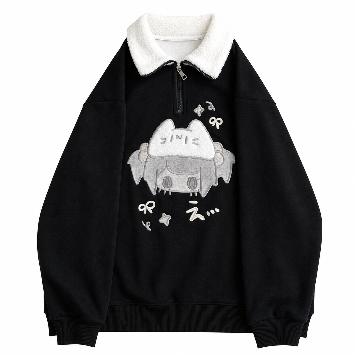 Women's Black Cartoon Cat Collar Pullover Sweatshirt
