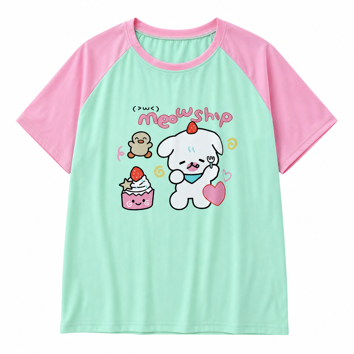 Mint Green and Pink Raglan Cartoon Graphic T-Shirt